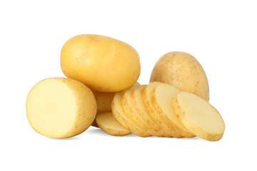 Fresh whole and cut potatoes isolated on white