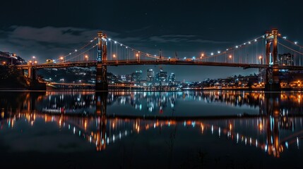 Low angle view of illuminated bridge at night. AI generated illustration