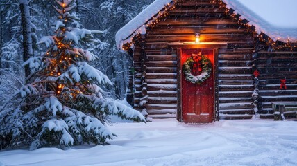 Snow-covered log cabin with holiday decor and lit Christmas tree