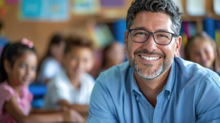 Handsome male teacher in glasses smiling and looking into camera at elementary school with children at the blurred background
