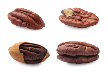 Many pecan nuts isolated on white, set