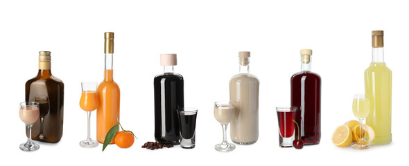 Collection of different tasty liqueurs on white background
