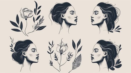 Elegant Line Drawing of Woman with Lavender - Stock Illustration