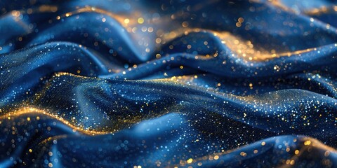 A close-up shot of a blue fabric with gold sparkles, suitable for fashion or jewelry related projects