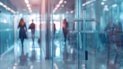 An office with a white glass background and blurred business people.
