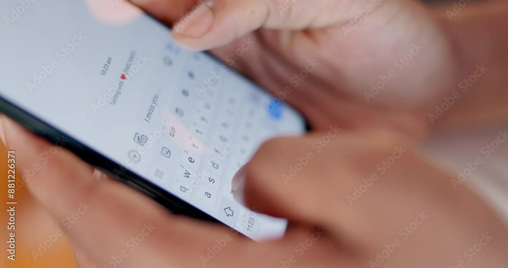 Poster hands, phone and screen with message for typing on internet, communication on app with notification.