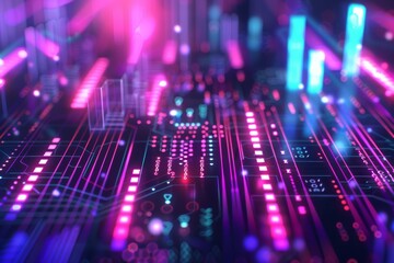 Obraz premium The background of a futuristic technology background is adorned with glowing neon lights and circuit boards.