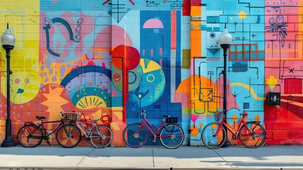 cans with spray paint and ladder near colorful graffiti on wall of building in city. AI generated illustration