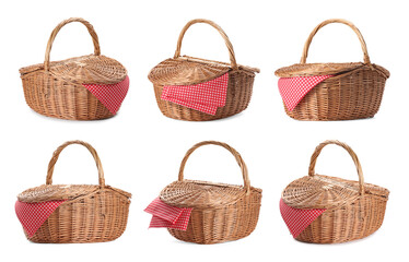 Wicker rattan basket for picnic isolated on white, collage