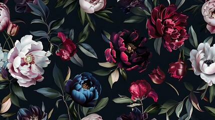 Seamless pattern with dark blue, teal and burgundy peonies, pink tulips and green leaves on a black background