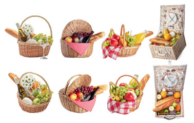 Wicker rattan baskets with picnic foods isolated on white, set