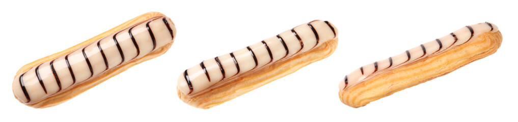 Tasty eclair with frosting isolated on white, collage