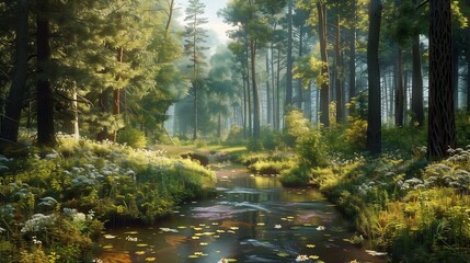 Obraz premium A serene forest with a carpet of bluebells in full bloom