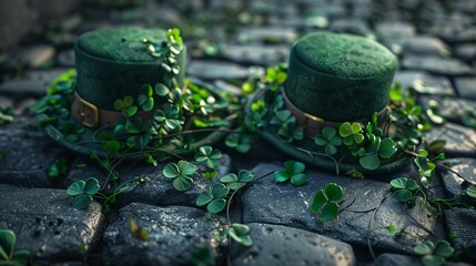 Two green leprechaun hats surrounded by shamrocks adorn an old cobblestone street