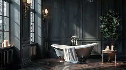 Modern Bathroom interior design with white bathtub on grunge dark blue wall.3d rendering. AI generated illustration