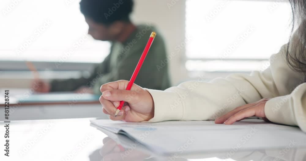 Poster girl, hands and writing a test in class, education and book for notes to study or project at school.