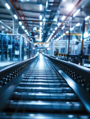 Train track inside a factory lit by bright lights