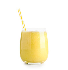 Glass of tasty melon smoothie on white background