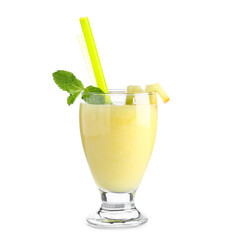 Glass of tasty melon smoothie with mint on white background