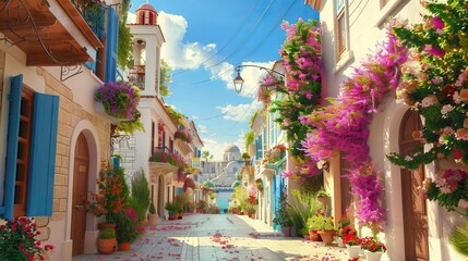 Beautiful old colorful flower street with white houses and blue doors in a European city. AI generated illustration