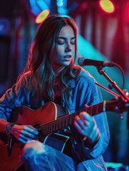 A woman plays guitar and sings into a microphone, simple and intimate performance