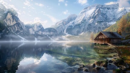 Beautiful scenery with mountains, water and trees, quiet place to live. AI generated illustration