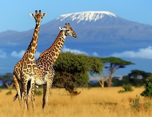 Three giraffes in the savannah of Acacia trees with snowcapped Mountisha, lone giraffe standing tall against blue sky 