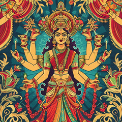 Obraz premium Indian Durga Puja themed banner texture with hindu goddess Colorful Indian Illustration.