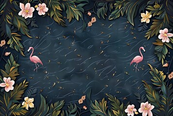Tropical jungle seamless border with exotic animals, flamingo and zebra in the style of vector style on dark background