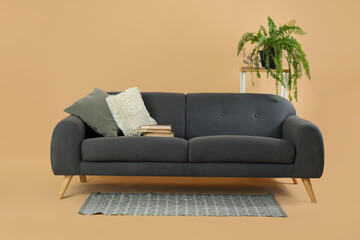 Modern living room interior with black sofa, pillows and flowerpot on beige background