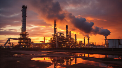 Obraz premium Industrial Refinery at Sunset with Smoke and Reflection in Water