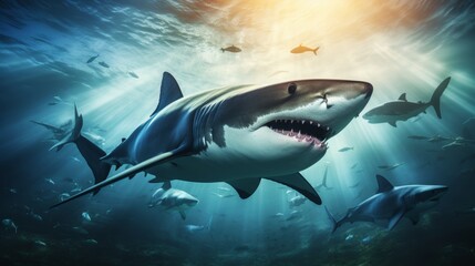 Swimmer surrounded by circling and ominous sharks captured in intense underwater silhouette shot