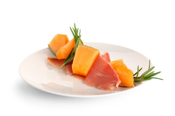 Plate of delicious melon with prosciutto and rosemary on white background