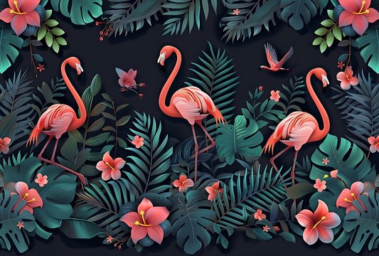 Tropical rainforest seamless border with wild animals, flamingos and zebra in the style of vector style - Powered by Adobe