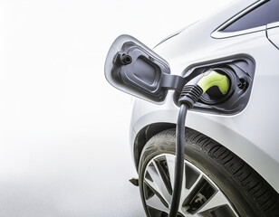 Obraz premium Electric Car is charging battery. Environmentally friendly car. Green energy and environmental sustaibale photo concept