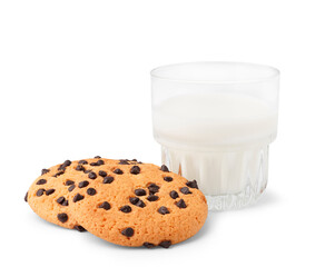 Glass of milk and tasty cookies with chocolate chips on white background