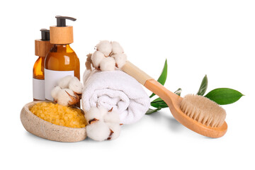 Spa composition with cotton flowers isolated on white background