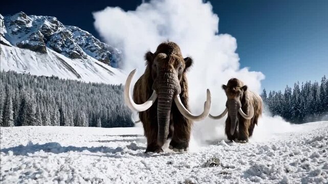 Tres mamuts peludos en la era de hielo, una especie desaparecida hace m&aacute;s de diez mil a&ntilde;os, caminan hacia la c&aacute;mara en medio de la nieve, los antecesores de los elefantes