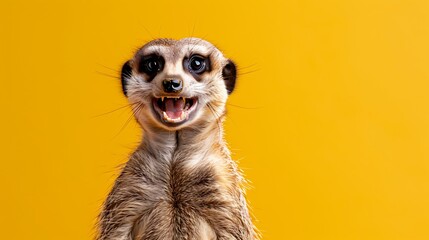 Fototapeta premium cheerful smile friendly meerkat with yellow background