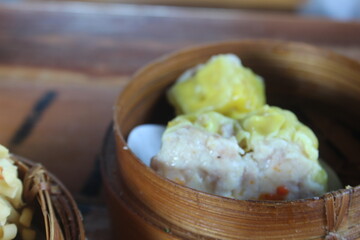 Rambutan Shrimp or Crispy Dimsum Chinese Dumplings Layered with Shrimp with Noodles. one of the menus at the Gacoan noodle restaurant. Served with Sauce