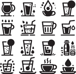 Drinking water drops glass icon set. Water glass or cup water icon symbol. Glass of drink water symbol in the restaurant or cafe, vector illustration