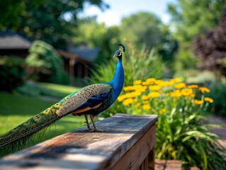 Naklejka premium Beautiful peacock perching on wooden railing in garden