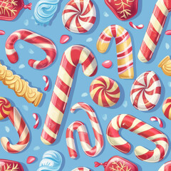 Obraz premium Christmas Candy Cane and Sweets Pattern on Blue Background