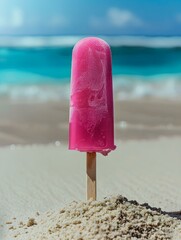 Hot Pink Popsicle on a sandy Beach. Summer Vacation Wallpaper