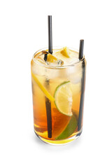 Glass of cold Long Island iced tea on white background