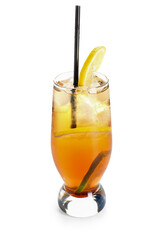 Glass of cold Long Island iced tea on white background