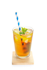 Glass of cold Long Island iced tea on white background