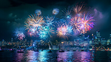 Colorful Fireworks Display Over City Skyline