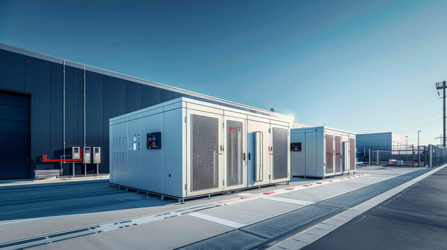 Modern industrial battery storage facility with large white containers outside a warehouse, under a clear blue sky.