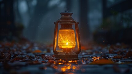 Darkly lit lantern with light shining on ground. Vertical video.